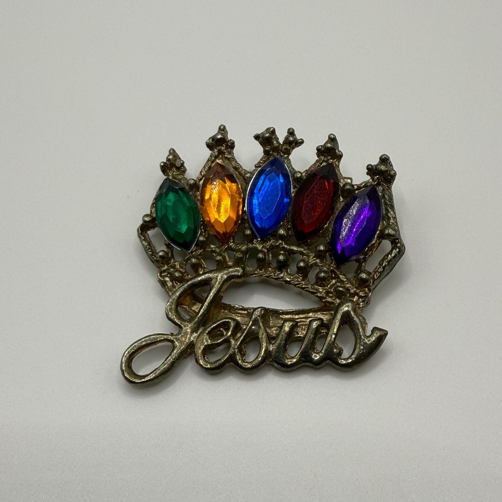 Vintage Jesus‎ Crown Brooch Gold Tone Multicolor Rhinestone Religious Pin